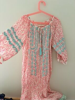 Miss June Paris Boho Tassel Peasant Dress in Coral and Aqua